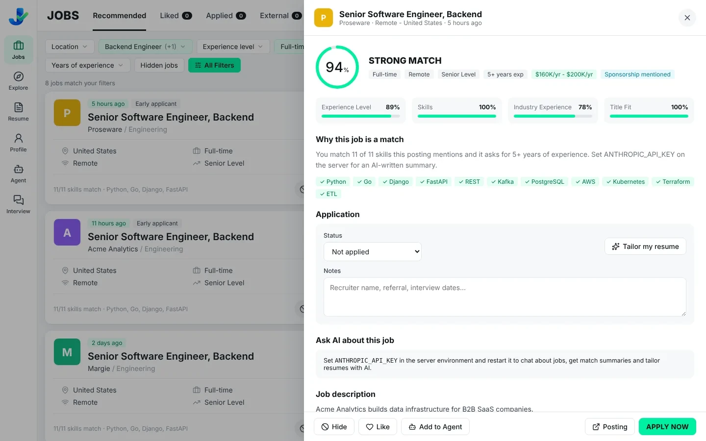 Job details with match breakdown, matched skills and resume tailoring