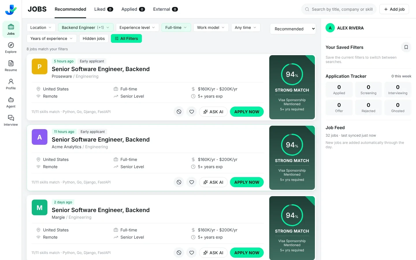 Job feed showing match scores, salary, seniority and an application tracker